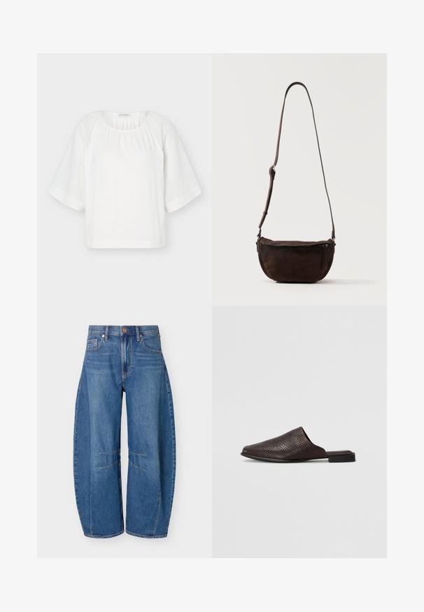 Blusa blanca de corte holgado con escote redondo, tela fruncida en el cuello y mangas anchas hasta el codo con detalle de costura horizontal.; Vaqueros de mezclilla azul de pierna ancha con cintura alta, cinco bolsillos, cierre de botones y detalles visibles en las costuras de las rodillas.; Mule negro sin cierres hecho de material texturizado con un patrón de reptil, que presenta un tacón bajo y plano y un diseño de punta redondeada y abierta.; Bolso bandolera de ante marrón oscuro con una correa ajustable y un bolsillo delantero con cremallera, colocado contra un fondo claro y liso.