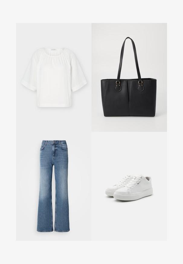 Blusa blanca de corte holgado con escote redondo, tela fruncida en el cuello y mangas anchas hasta el codo con detalle de costura horizontal.; Mos Mosh MAI - Vaqueros rectos - blue wash; Zapatillas bajas blancas con una parte superior de lona suave, puntera redonda y suela de goma gruesa. Presentan un cierre con cordones en la parte delantera y un diseño minimalista.; Bolso tote de cuero sintético negro con un acabado texturizado, dos asas largas y detalles en tono dorado en el lateral. Forma rectangular.