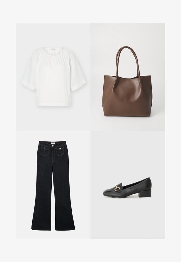 Hvid løs bluse med rund halsudskæring, samlet stof ved kraven og brede halvlange ærmer med vandret stingdetalje.; Sorte denim jeans med høj talje, flared ben, to frontlommer og orange syninger. Materialet ser solidt og glat ud.; Sorte læder loafers med blokhæl, spids tå og detalje i guldfarvet metal foran, med glat tekstur og minimalistisk design.; Brun læder tote taske med to lange håndtag, struktureret form, glat tekstur og minimalistisk design. Ingen synligt hardware eller accenter.