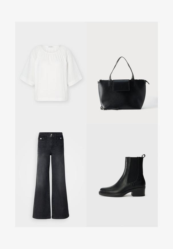 Blouse blanche ample avec encolure ronde, tissu froncé au col et larges manches mi-longues avec des détails de couture horizontaux.; Jean large en denim noir avec taille haute, boutons sur le devant et deux poches avant ; texture lisse avec une légère finition décolorée.; Botte cheville en cuir noir avec des panneaux latéraux élastiques, bout arrondi et talon carré. Texture lisse et détails en couture.; Sac cabas en cuir noir avec deux poignées, une bandoulière amovible, une fermeture à rabat magnétique et une texture lisse. Fermeture supérieure zippée et surpiqûres décoratives.