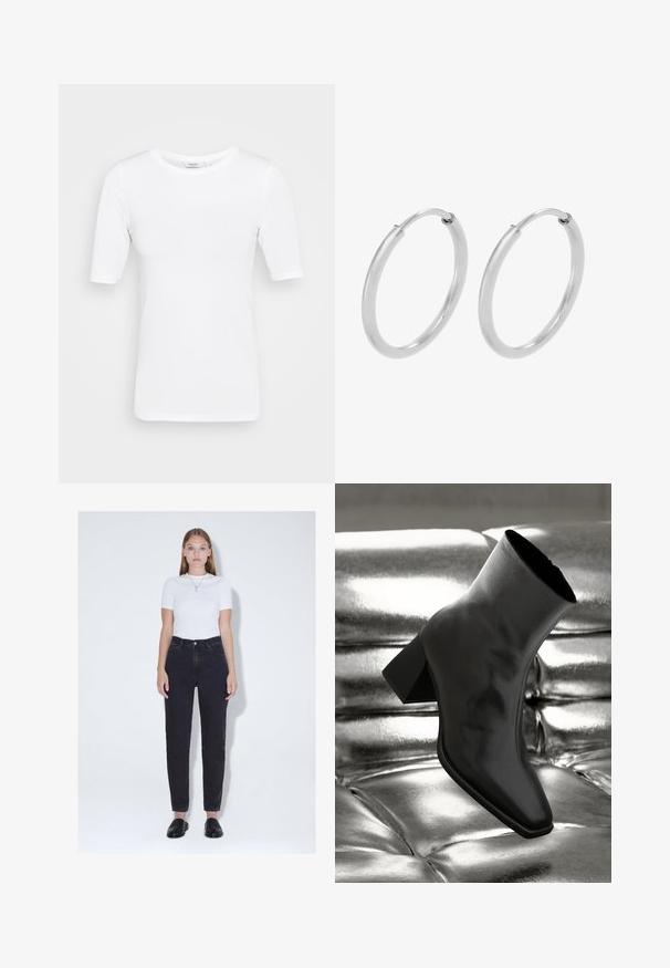 Witte, lichte, stretch-vriendelijke t-shirt met een ronde halslijn en korte mouwen, met een gladde textuur en zonder zichtbare patronen.; Jonge vrouw met steil haar draagt een wit shirt met korte mouwen, hooggetailleerde zwarte spijkerbroek, zwarte instapschoenen en een hangerketting, staand.; Zwarte enkellaarsjes van glanzend materiaal met een vierkante neus en taps toelopende hak, afgezet tegen een glanzende zilveren gecapitonneerde achtergrond.; Zilveren hoepeloorbellen, cirkelvormig, met een gladde glanzende textuur en een constante breedte. Minimalistisch ontwerp zonder extra accenten.
