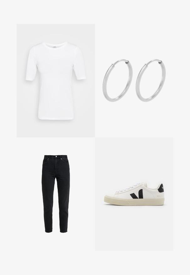 Weißes, leichtes, eng anliegendes T-Shirt mit Rundhalsausschnitt und kurzen Ärmeln, das eine glatte Textur hat und keine sichtbaren Muster aufweist.; Schwarze Jeans mit hoher Taille, vorderem Knopf und Reißverschluss, zwei vorderen Taschen und einem verjüngten Bein auf weißem Hintergrund.; Weißes Leder-Sneaker mit schwarzem Gummi-V-Logo. Strukturierte cremefarbene Sohle, weiße Schnürsenkel und Fersendetail in Schwarz mit dem Markennamen.; Silberne Creolen, kreisförmig, mit glatter, glänzender Oberfläche und gleichbleibender Breite. Minimalistisches Design ohne zusätzliche Akzente.