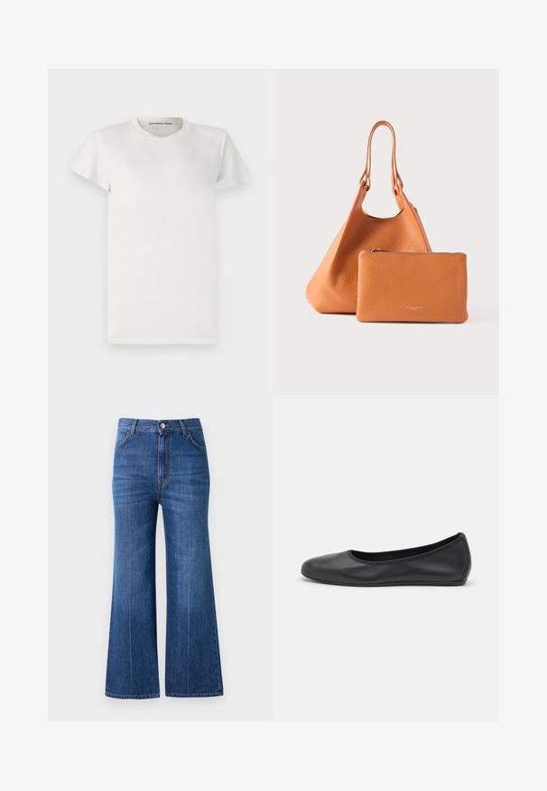 Hvid kortærmet t-shirt lavet af bomuld med rund halsudskæring og enkel snit. Der er tags med "DESIGNERS REMIX" indeni kraven.; Bredde ben jeans i mørkeblå denim, med høj talje, diskret slidte detaljer og klassisk fem-lomme-design. Syet med kontrasttråd.; Sort læderballetsko med rund tå, glat tekstur, minimal syning og et fleksibelt såldesign.; Orange lædertaske med tekstureret finish og dobbelthåndtag, ledsaget af en matchende lynlåspung. Begge dele er glatte og minimalistiske.