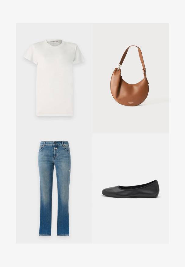 Weißes T-Shirt mit kurzen Ärmeln aus Baumwolle, runder Ausschnitt und einfacher Schnittführung. Die Etiketten zeigen "DESIGNERS REMIX" auf der Innenseite des Kragens.; Helleblaue, gerade geschnittene Jeans aus Denim. Mit einer mittelhohen Taille, Fronttaschen und leichten Used-Effekten auf dem Stoff.; Schwarze Leder-Ballettschuhe mit abgerundeter Spitze, glatter Textur, minimalen Nähdetails und einem flexiblen Sohlen-Design.; Braune Lederschultertasche in Halbmondform mit verstellbarem Riemen und kleinem silbernem Logo-Schriftzug unten in der Mitte.