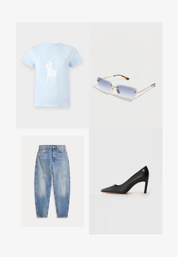 Lyseblå T-shirt med et hvidt motiv af en polospiller på en hest, der holder en hævet kølle foran.; Lyseblå cowboybukser med høj talje med let falmning og slid nær forlommerne, fem-lomme stil og tilspidsede ben.; Sort læder højhælet sko med spids tå, mellemhøj stiletthæl og lille gul emblem nær hælen på hvid baggrund.; Firkantede solbriller uden ramme med blå gradientlinser og guldfarvede metalarme med skildpaddemønstrede ender.
