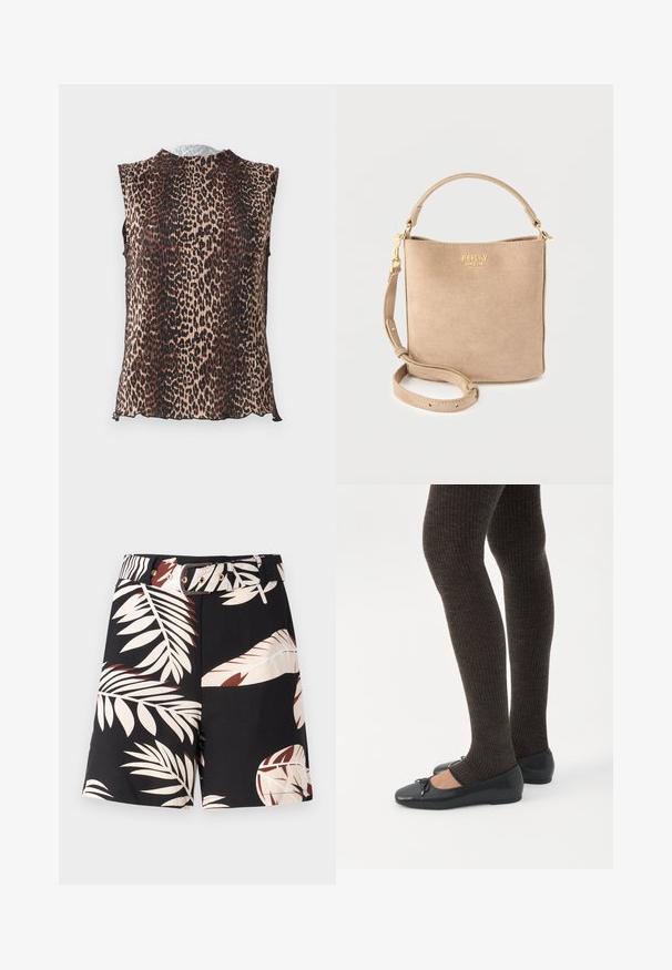 Top sin mangas con un diseño plisado y un patrón de estampado de leopardo en tonos de marrón claro, marrón y negro. Cuello redondeado, textura suave.; Pantalones cortos negros con un patrón de hojas tropicales en colores beis y óxido. Presenta un cinturón a juego con herrajes dorados y un corte clásico.; Piernas con leggings oscuros acanalados combinados con bailarinas negras que presentan pequeños detalles de lazo sobre un fondo blanco.; Bolso Replay de ante beige con asa superior, correa de hombro ajustable y herrajes en tono dorado sobre un fondo liso.