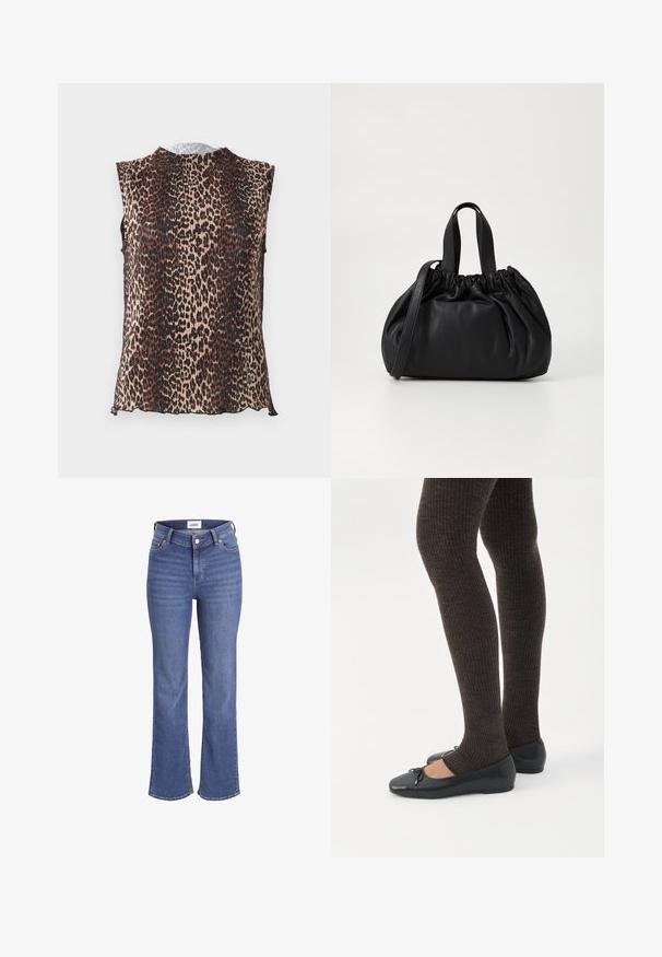 Sleevless top med en plisseret design og et leopardmønster i nuancer af tan, brun og sort. Rund halsudskæring, blød tekstur.; Mørkeblå jeans i denim med høj talje, brede ben og et traditionelt fem-lomme design. Har synlig syning og lukning med en frontknap.; Ben iført mørke ribbede leggings kombineret med sorte balletsko med små sløjfedetaljer på hvid baggrund.; Sort læderhåndtaske med en samlet topdesign, der har to korte håndtag og en lang justerbar rem. Glat overflade, rund form.