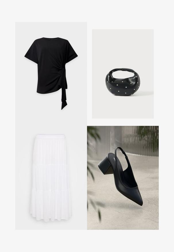 Zwarte top met korte mouwen, ronde halslijn en een knoopdetail aan de zijkant dat geplooide stof en een hangende strik creëert op een lichte achtergrond.; Witte gelaagde maxi-rok van lichtgewicht stof, met een elastische tailleband en een vloeiende textuur met subtiele plooidetails.; Zwarte leren slingback hak met een spitse neus en een blokhak. Glad oppervlak, minimalistisch ontwerp en verstelbare enkelband.; Zwarte leren handtas met een afgeronde vorm, versierd met zilveren studs, en een korte handgreep. Gladde textuur en ritsluiting.