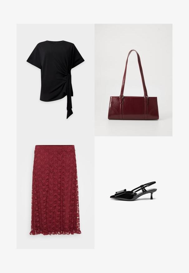 Zwarte top met korte mouwen, ronde halslijn en een knoopdetail aan de zijkant dat geplooide stof en een hangende strik creëert op een lichte achtergrond.; Bordeaux kanten rok met bloemmotief, semi-doorzichtig stof en een gerimpelde zoom. Een stretch tailleband biedt comfort en flexibiliteit.; Zwarte gepatineerde lederen slingback hakken met een puntige neus, een strikdetail aan de voorkant en een kleine stilettohak. De bandjes hebben verstelbare gespen.; Bourgondische handtas van glanzend materiaal, rechthoekige vorm, met twee schouderbanden en subtiele gebogen accenten aan de voorkant.