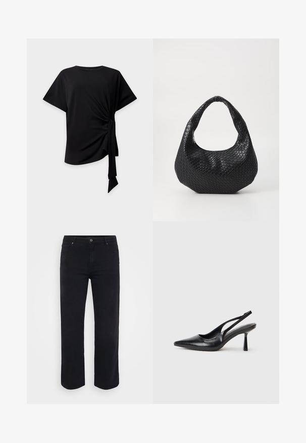 Must lühikeste varrukatega topp ümarate kaelustega ja külgmise sõlme detailiga, mis loob kokkupakitud kangast ja riputava lipsu heledal taustal.; Mustad denim püksid sirge jala disainiga. Omadused: nööpidega vöökinnitus, vöökonksud ja esiküljel/tagumikul taskud. Sile tekstuur.; Must musta slingback kõrge kontsaga king, terava varbaga ja peene kontsaga, valgel taustal.; Must mustratud käekott, millel on kõver käepide, tekstuuriga pind ja lõtv kuju. Sile viimistlus orgaanilise siluetiga.