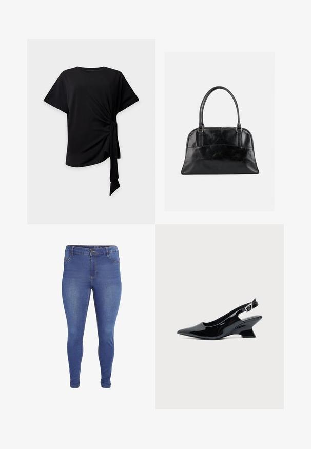 Zwarte top met korte mouwen, ronde halslijn en een knoopdetail aan de zijkant dat geplooide stof en een hangende strik creëert op een lichte achtergrond.; Blauwe skinny jeans met voorzakken, lussen voor een riem, knoopsluiting en lichte vervaging op de dijen en knieën.; Zwarte lakleren slingback schoen met spitse neus en lage schuine blokhak op een effen lichte achtergrond.; Zwarte leren handtas met twee afgeronde bovenhandvatten en een licht gebogen voorvak, weergegeven tegen een effen lichte achtergrond.