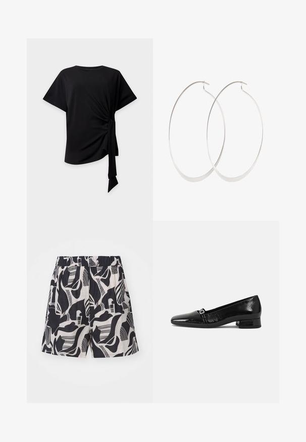 Sort top med korte ærmer, rund halsudskæring og knude i siden, der skaber samlet stof og et hængende bindebånd på en lys baggrund.; Sort og creme mønstrede shorts med abstrakte designs, en elastisk talje og en løs pasform, lavet af letvægtsstof.; Sorte patentlæder balletflade med spids tå, lav firkantet hæl og en lille metallisk spænde detalje på remmen. Glat tekstur.; Sølv hoops øreringe med et tyndt, glat design; langstrakt oval form; poleret finish; har en sikker krog lukning.