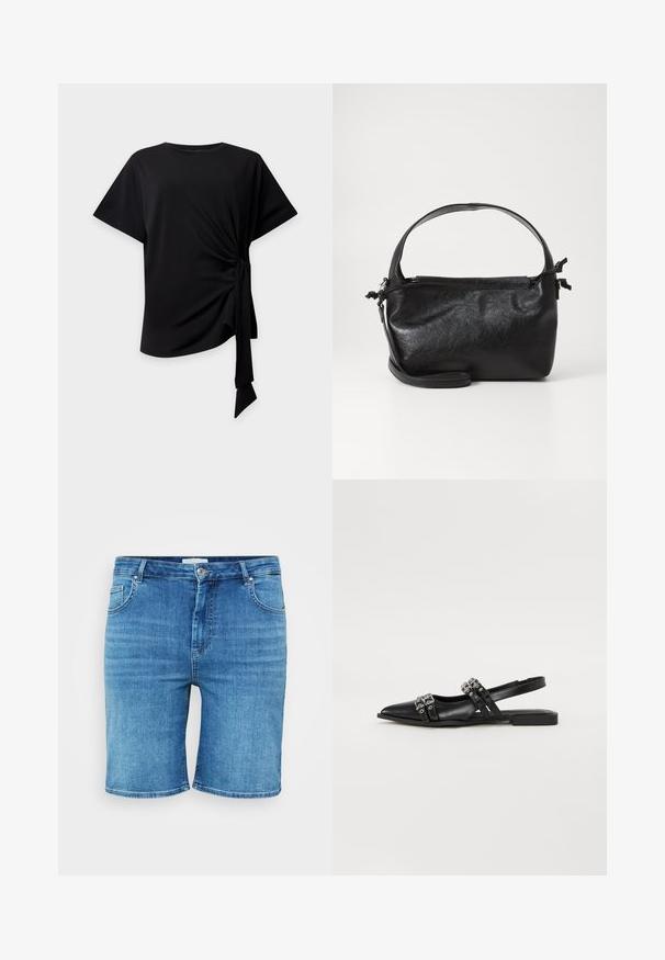 Schwarzes kurzärmliges Oberteil mit rundem Ausschnitt und seitlichem Knoten, der einen gerafften Stoff und eine hängende Schleife auf hellem Hintergrund erzeugt.; Jeansshorts in Mittelblau, mit geradem Schnitt, Fünf-Taschen-Design und Knopfverschluss. Weicher Stoff, saubere, gesäumte Kanten.; Even&Odd Sling-Ballerina - black; Schwarze Lederhandtasche mit strukturiertem Design, rundem Haltegriff und abnehmbarem Schulterriemen. Sie weist eine glatte Oberfläche und einen subtilen Glanz auf.