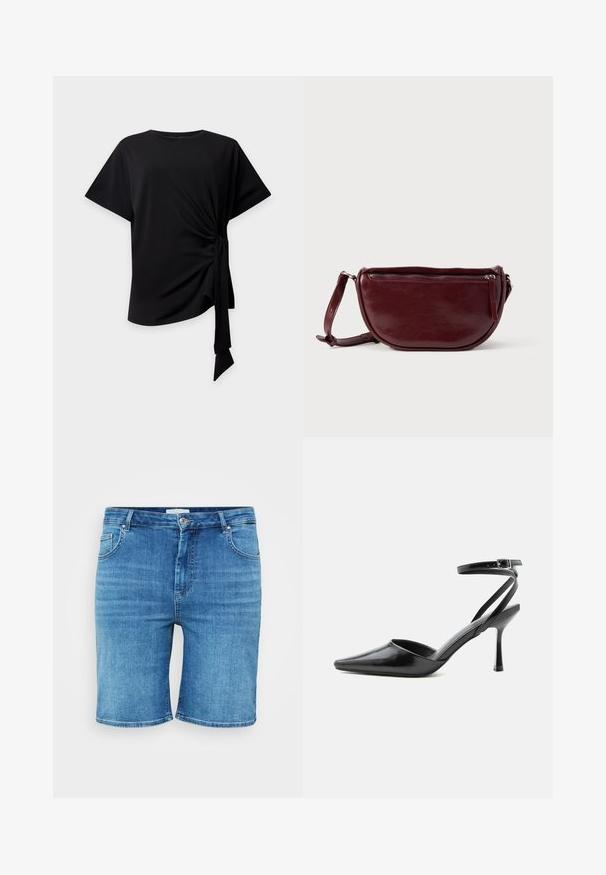 Sort top med korte ærmer, rund halsudskæring og knude i siden, der skaber samlet stof og et hængende bindebånd på en lys baggrund.; Denim shorts i mellemblå farve, med lige snit, fem-lomme design og knaplukning. Blød tekstur, rene kantede kanter.; Sort spids højhælet sko med tynde ankelremme og sølvspænde på en ensfarvet lys baggrund.; Vinrød læderhåndtaske med halvmåneform, lynlås og aftagelig rem. Glat tekstur med en subtil glans.
