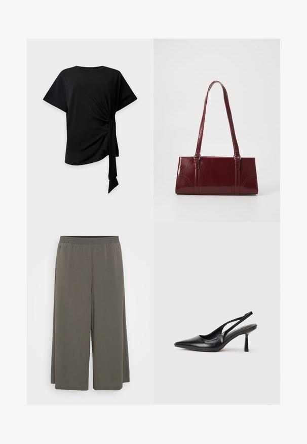 Haut noir à manches courtes avec encolure ronde et détail de nœud latéral créant un tissu froncé et un lien suspendu sur un fond clair.; Pantalons larges gris avec une taille élastique, fabriqués dans un tissu doux et léger, présentant une texture lisse et sans motifs visibles.; Chaussure à talon haut en cuir noir, à bride arrière, avec un bout pointu et un talon fin sur fond blanc.; Sac à main bordeaux en matériau brillant, de forme rectangulaire, avec deux anses et des accents légèrement courbés à l'avant.