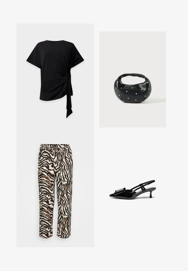 Must lühikeste varrukatega topp ümarate kaelustega ja külgmise sõlme detailiga, mis loob kokkupakitud kangast ja riputava lipsu heledal taustal.; Köitpüksid kergest kangast, must-valge zebra mustriga pruunide aktsentidega. Lõdva istuvuse ja lühikese pikkusega.; Mustad läikivad nahkjalatsid, millel on terav varvas, ees viigivöönd ja väike stiletto konts. Rihmad on reguleeritavate pandlitega.; Mustast nahast ümmarguse kujuga käekott, kaunistatud hõbedaste naeladega, lühikese sangaga. Sile tekstuur ja tõmblukuga sulgemine.