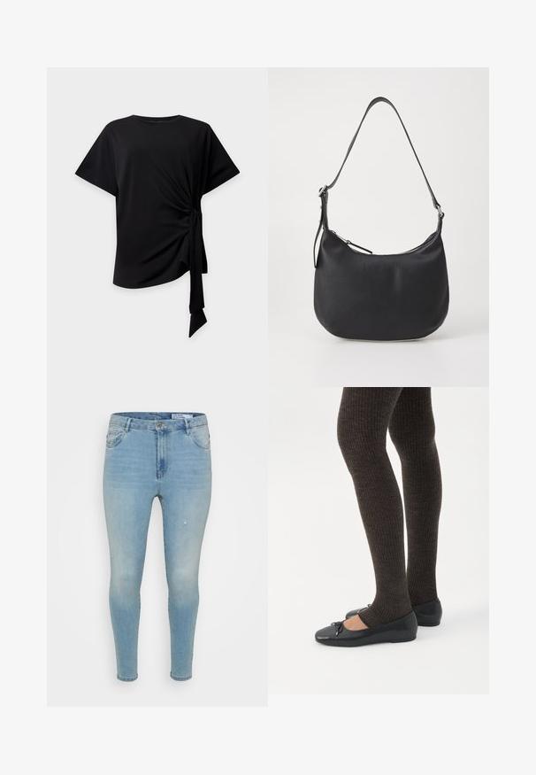 Sort top med korte ærmer, rund halsudskæring og knude i siden, der skaber samlet stof og et hængende bindebånd på en lys baggrund.; Lyseblå denimbukser med slim fit, der har en mellemhøj talje, klassisk fem-lomme design og subtile slidte detaljer på fronten.; Ben iført mørke ribbede leggings kombineret med sorte balletsko med små sløjfedetaljer på hvid baggrund.; Sort læder skuldertaske med en buet form, lynlåslukning og justerbar skulderrem. Har prægede brandlogoer på forsiden.