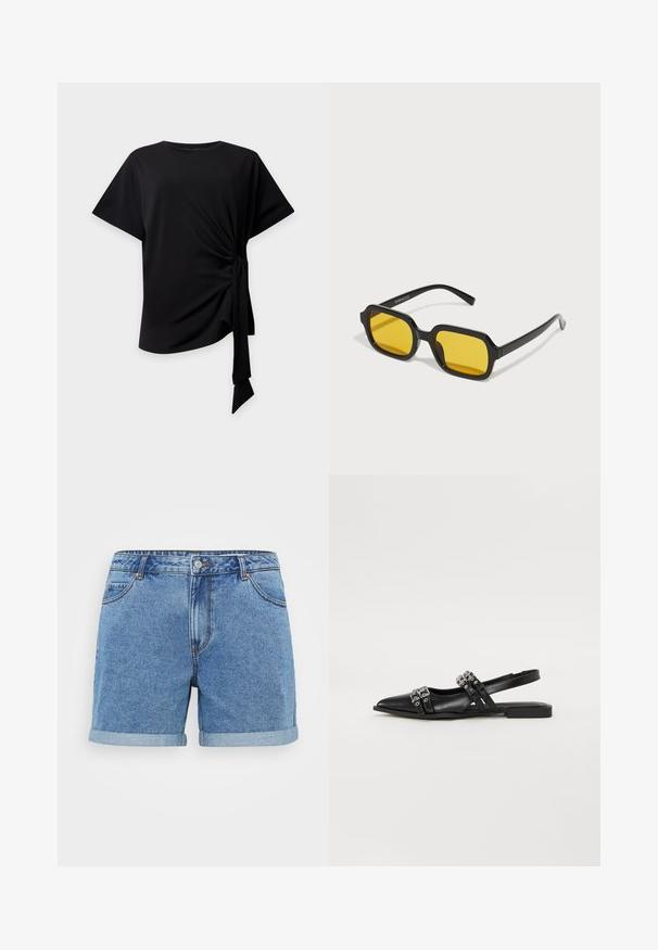 Sort top med korte ærmer, rund halsudskæring og knude i siden, der skaber samlet stof og et hængende bindebånd på en lys baggrund.; Lysblå denimshorts med opfoldet kant, fem-lomme design, knaplukning og syede detaljer. Fremstillet af bomuldsstof.; Even&Odd Slingback-ballerinasko - black; Sorte rektangulære solbriller med gule linser. Funktioner inkluderer tykke stel og kantet design med en glat, blank finish.