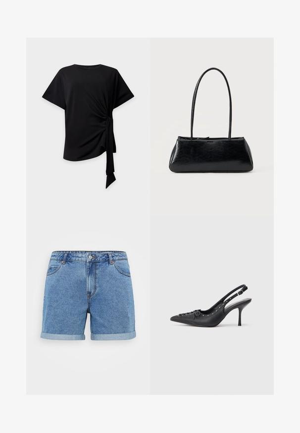 Sort top med korte ærmer, rund halsudskæring og knude i siden, der skaber samlet stof og et hængende bindebånd på en lys baggrund.; Lysblå denimshorts med opfoldet kant, fem-lomme design, knaplukning og syede detaljer. Fremstillet af bomuldsstof.; Sorte læder slingback stiletto med spids tå, side spændebånd, nitter langs kanten og dekorativ snøring foran.; Sort rektangulær skuldertaske med lange tynde stropper og en glat, blank tekstur på en ensfarvet baggrund.