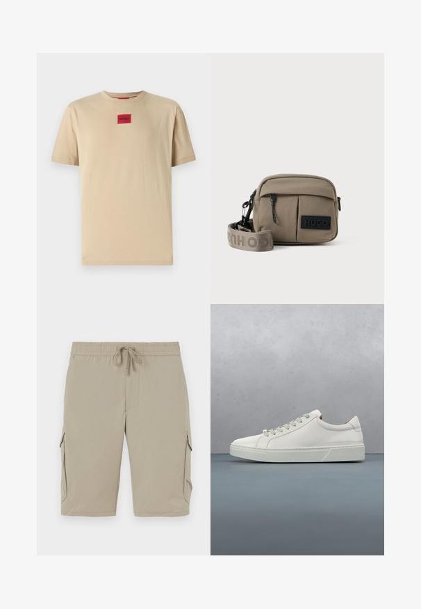 Beige Baumwoll-T-Shirt mit lockerer Passform, das ein kleines rotes "HUGO"-Logo-Patch in der Mitte und einen klassischen Rundhalsausschnitt aufweist.; Beige Cargo-Shorts mit elastischem Bund und Kordelzug. Sie verfügen über Seitentaschen und einen glatten, leichten Stoff.; Weißes Leder-Sneaker mit abgerundetem Zehenbereich, minimalistisches Design, graue Schnürsenkel und einer strukturierten grauen Gummisohle. Dezente Nähte sichtbar.; Khaki-farbene Nylon-Crossbody-Tasche mit zwei Reißverschluss-Vordertaschen, verstellbarem Tragegurt und einem schwarzen Logo-Patch auf der Vorderseite. Glatte Textur.