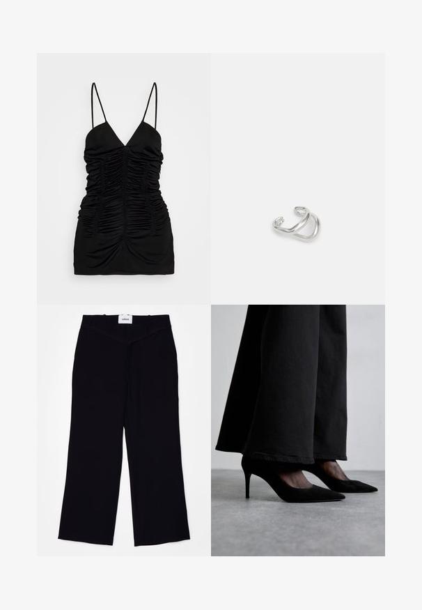 BITE Studios SIRENE - Débardeur - black; Pantalons larges noirs en tissu lisse. Dotés d'une taille plate avec passants de ceinture et d'une finition soignée aux ourlets.; Des chaussures à talons hauts en suede noir avec des bouts pointus, portées avec un pantalon large noir, présentent un design élégant et un léger éclat.; Maria Black RIVER EARCUFF - Boucles d'oreilles - silver