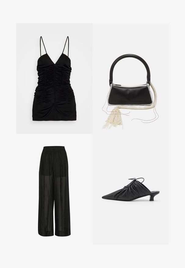 BITE Studios SIRENE - Débardeur - black; Pantalons larges noirs en tissu transparent, avec une taille élastique et un cordon de serrage pour un ajustement réglable et une texture lisse.; Mules noirs en cuir à enfiler avec un bout pointu, une texture froncée et un petit talon aiguille. Présente un détail à cordon au niveau de l'ouverture.; Sac en cuir noir avec une poignée arrondie, fermeture éclair en argent, bordure en fourrure blanche et un long gland crème attaché à l'avant.
