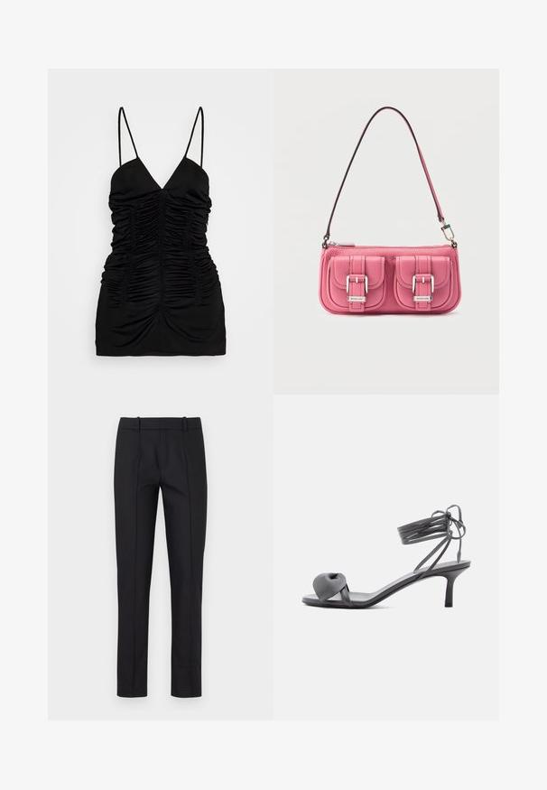 BITE Studios SIRENE - Top - black; Sorte skræddersyede bukser med slim fit, glat front og to baglommer. Lavet af glat stof med fin syning langs sømmene.; Grå læder sandal med hæl, knyttet rem ved tæerne og snørebånd, der vikles om anklen, på slank mellemhøj hæl mod hvid baggrund.; Lyserød læderhåndtaske med to forlommer, sølvfarvet hardware og en lang rem. Tekstureret overflade og lynlås lukning øverst.