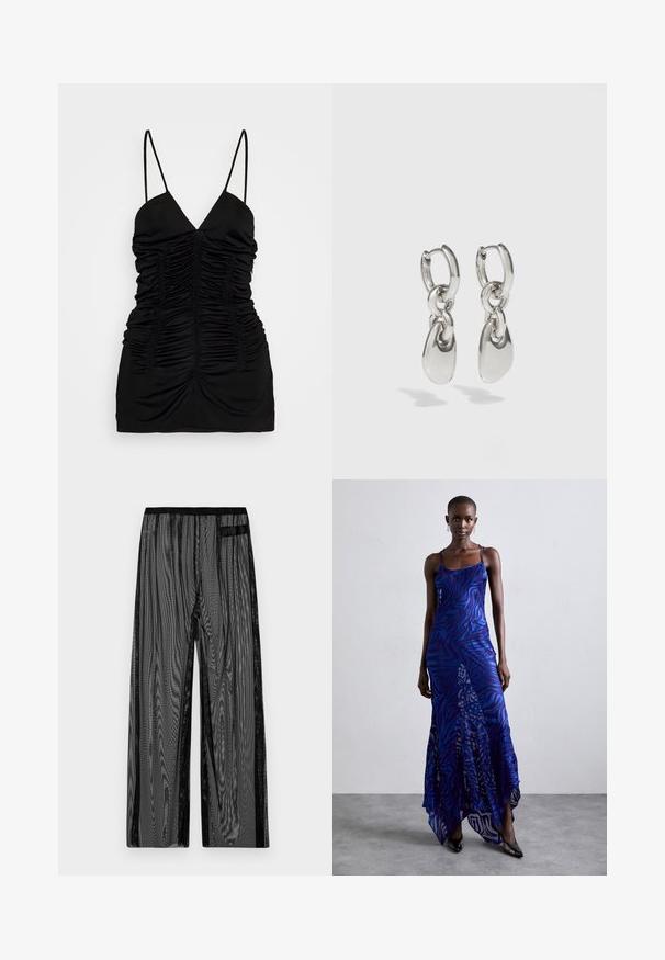 BITE Studios SIRENE - Top - black; Čierne sieťované nohavice so širokým strihom, s čiernym elastickým pásom a bočnými vreckami. Textúrovaná, ľahká tkanina.; Maxi šaty s potlačou zvieracích vzorov v modrej a fialovej farbe, s tenkými ramienkami, priliehavým telom, rozšíreným lemom a priesvitnými detailmi.; Strieborné kruhové náušnice s predlženými oválnymi článkami, s lesklým povrchom a textúrovaným príveskom. Jednoduchý dizajn s hladkými hranami.