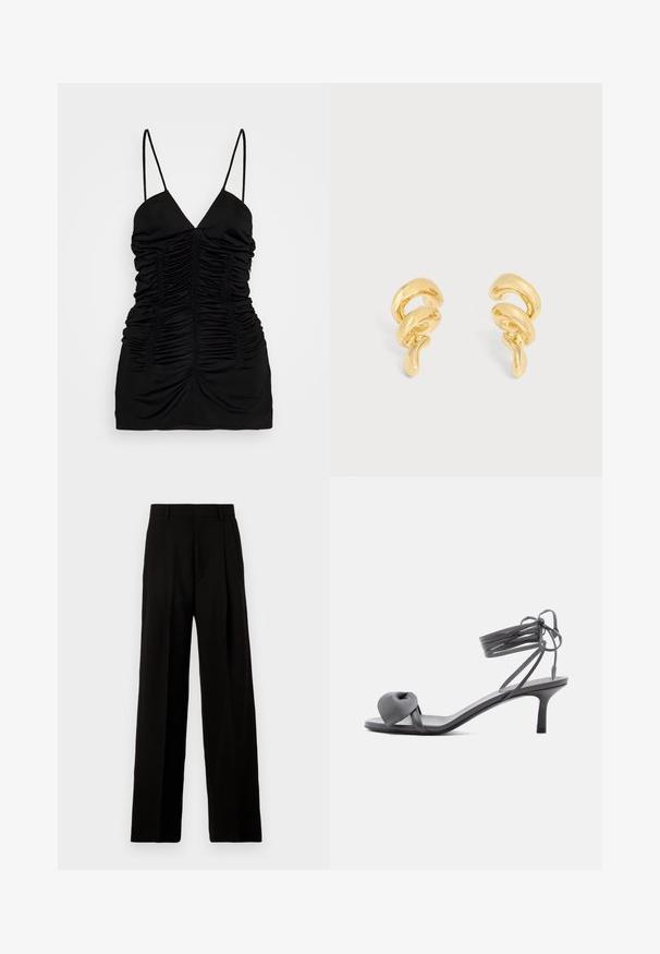 BITE Studios SIRENE - Top - black; Zwarte wijde broek van gladde stof, met een hoge taille, plooien aan de voorkant en een schone, op maat gemaakte uitstraling zonder versieringen.; Grijze leren sandaal met hak, voorzien van een geknoopte band bij de tenen en wikkellinten rond de enkel op een slanke sandaal met een middenhoge hak, tegen een witte achtergrond.; Set glanzende gouden gedraaide oorringen met een sculpturaal, vloeiend ontwerp op een effen lichte achtergrond.