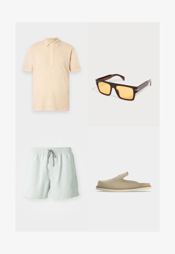 Beige poloshirt med korte ærmer, krave og knaplukning. Fremstillet af let stof med en glat tekstur, uden mønstre eller detaljer.; Lysgrønne svømmedragter med elastisk talje, justerbar snøre og sidelommer. Glat tekstur, længde over knæet.; Beige slip-on sandal med lukket tå, åben hæl, blødt ruskindsoverdel og hvid tekstureret gummisål, vist i sideprofil på hvid baggrund.; Rektangulære solbriller i skildpaddemønster med brede stel og gule linser på en hvid baggrund.
