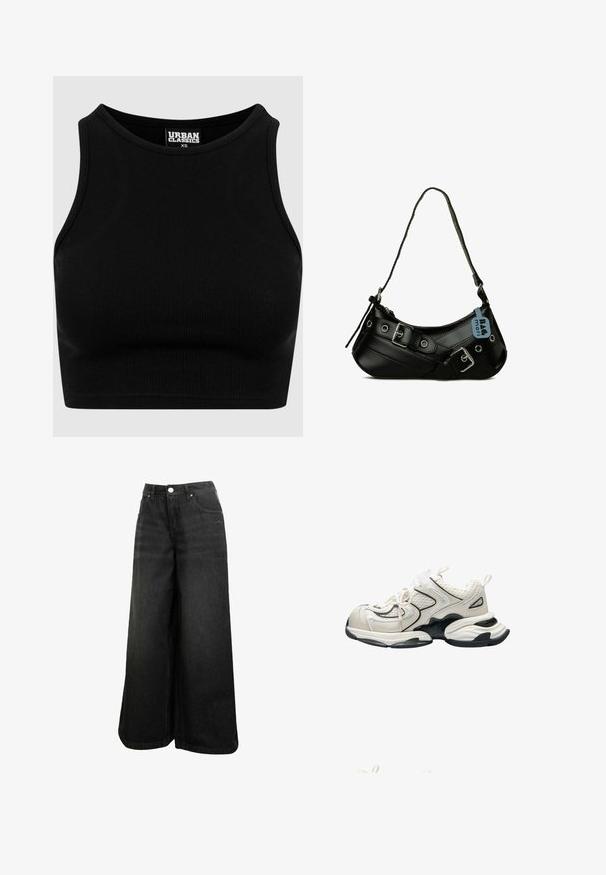 Sort ribbet cropped top med rund halsudskæring og uden ærmer. Lavet af et strækbart, tekstureret stof. Mærket siger "Urban Classics."; Sorte bredbenede denimjeans med høj talje, frontknap, lommer og subtilt logo på frontlommen.; Kraftig hvid og sort atletiksko med mesh-paneler, tyk sål og trækflapper på hæl og tunge, vist fra siden.; Sort syntetisk håndtaske med en buet form, justerbar rem og dekorative metalspænder. Har en glat, blank tekstur.