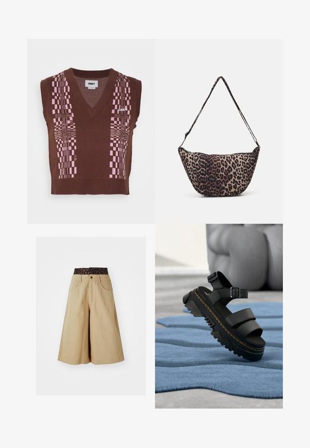 Obey Clothing MELISSA VEST - Topp - sepia/multi; Khaki lühikesed püksid laia jala designiga ja leopardimustriga vöökoht. Omab eespoolt taskuid ja nööbid. Sujuv, tekstureeritud kangas.; Must platvormsandaal paksu taldiga, reguleeritava pahkluu rihmaga ja kollase õmblusega, mis on asetatud sinisele tekstureeritud kangale.; Leopardimustriga kangast käekott, millel on kumer kuju, õhuke õlarihm ja lukuga sulgemine. Loomulikud beežid ja tumedat pruunid toonid. Sile tekstuur.
