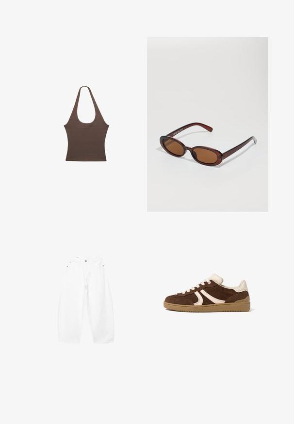 Haut marron sans manches à col licou avec un profond décolleté en U et une taille cintrée, présenté sur un fond blanc.; Jean en denim blanc coupe ample avec fermeture par bouton et zip, passants de ceinture et poches avant, présenté sur un fond uni.; Baskets en daim brun avec accents crème, lacets blancs et semelle en caoutchouc gomme, vues de profil extérieur sur fond blanc.; Lunettes de soleil rondes teinte brun avec une monture bordeaux brillante. Branches fines avec un détail de marque subtil. Design de verres plats.