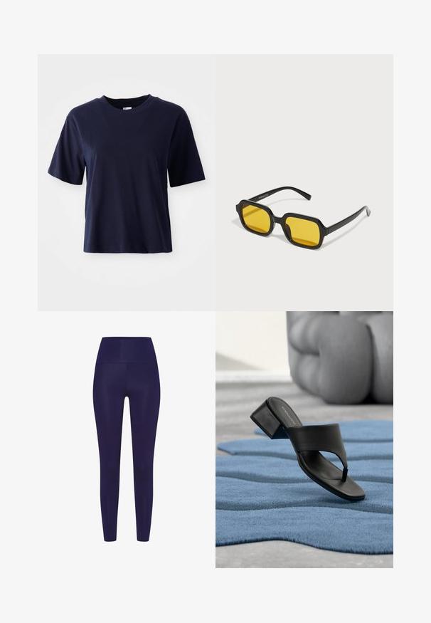 Camiseta de algodón azul marino con mangas cortas, cuello redondo, corte relajado y textura suave. Sin patrones ni acentos visibles.; Leggings azul marino con una cintura alta, hechos de un material liso y elástico. El diseño presenta una forma ajustada sin patrones.; Sandalia negra de tacón con tira ancha sobre superficie azul texturizada, sillón marrón difuminado al fondo.; Gafas de sol negras rectangulares con lentes amarillos. Presentan montura gruesa y un diseño angular con un acabado liso y brillante.