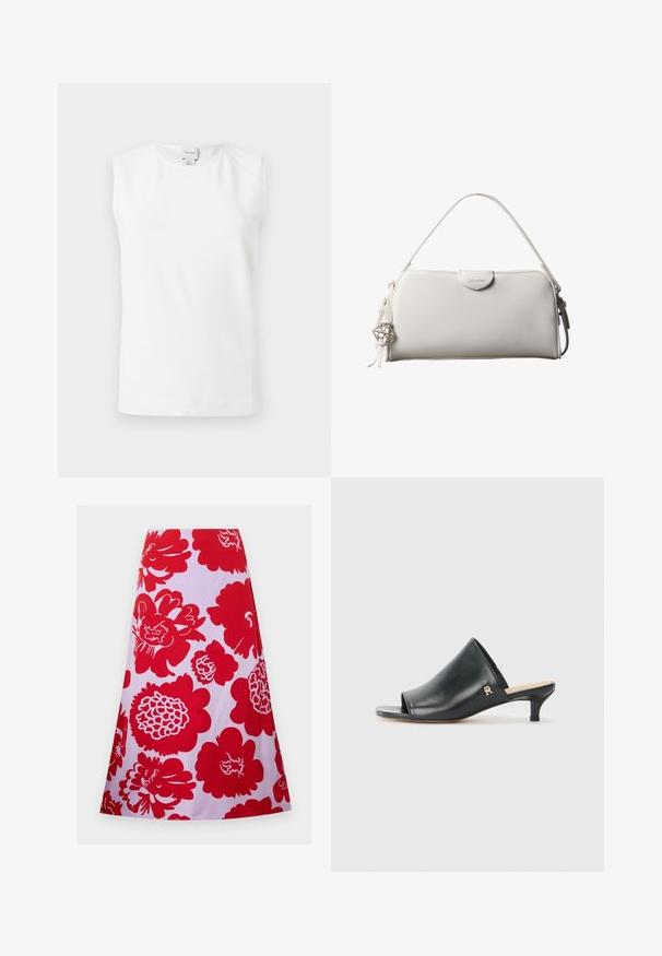 Weißes ärmelloses Top mit Rundhalsausschnitt und Calvin Klein-Label am Kragen hinten, präsentiert vor einem schlichten hellen Hintergrund.; Roter Rock mit floralem Muster auf weißem Hintergrund; knielang mit einem ausgestellten Design und glatter Textur. Keine sichtbaren Verschlüsse oder Akzente.; Schwarze Leder-Pantoletten mit offenen Zehen und niedrigem Absatz. Sie verfügen über eine glatte Oberfläche und ein goldenes Logo-Detail an der Seite.; Weiße rechteckige Calvin Klein Handtasche mit einem einzelnen Henkel, minimalistischem Design und dekorativen Quasten mit geometrischem Metallanhänger an der Seite.