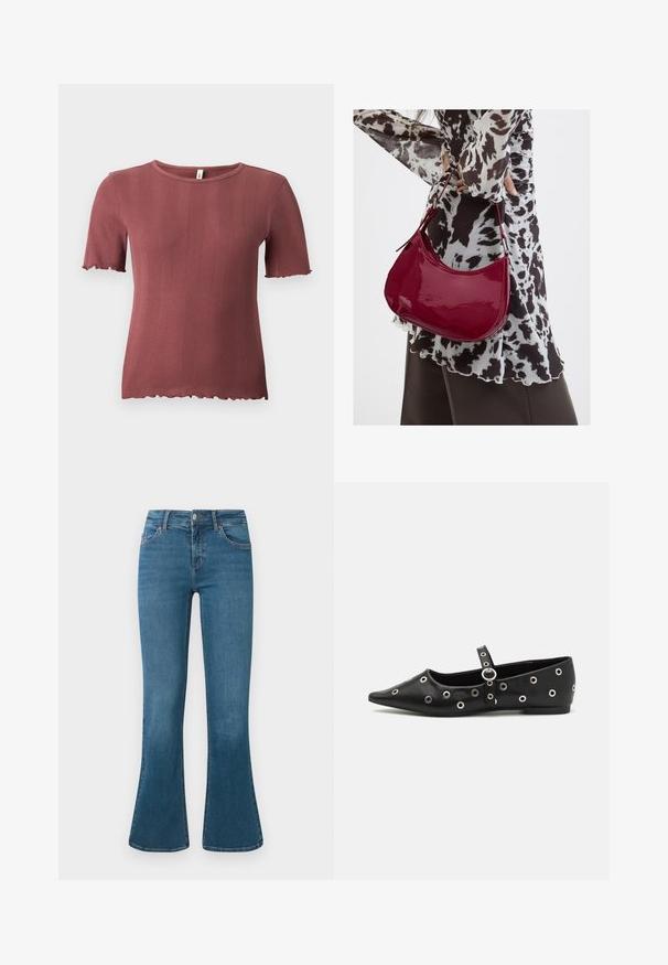Kortærmet, ribstrikket top i støvet rosa med rund hals og diskret salatkant ved ærmer og kant.; Blå denim flared jeans med en mellemhøj talje, fem-lomme design og diskrete syninger. Glat tekstur med en klassisk vask.; Sort læder fladsko med spids tå, prydet med dekorative sølv øjer og et justerbart bånd over anklen.; Kvinde iført en sort- og hvidmønstret bluse, der holder en blank rød skuldertaske mod en ensfarvet baggrund.