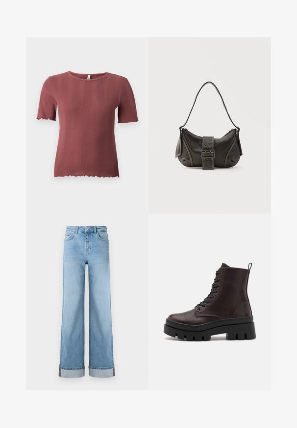 Kortærmet, ribstrikket top i støvet rosa med rund hals og diskret salatkant ved ærmer og kant.; Lyseblå, vide jeans i klassisk denim med høj talje, prydet med opbrettede kanter og synlig søm.; Brune læder ankelstøvler med en rund tå, sort kraftig sål og snørredetaljer. Har en bageste løkke for nem påtagning.; Sort læder skuldertaske med spænde på remmen, afrundede kanter og kontrasterende hvide syninger på en ensfarvet baggrund.