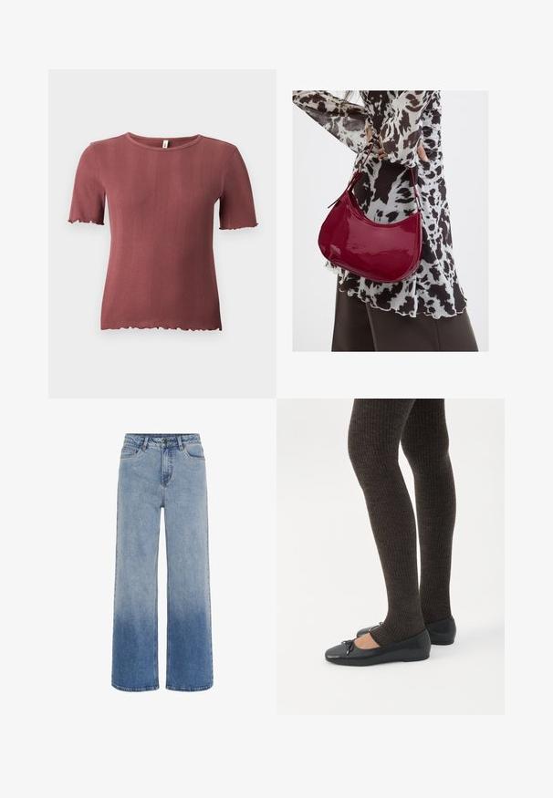 Korte mouw, geribbelde gebreide top in stoffige roos met een ronde hals en subtiele slabrandafwerking aan de mouwen en zoom.; Hoge taille blauwe denim jeans met wijde pijpen en een gradient vervaging van lichtblauw naar donkerblauw aan de onderkant.; Benen met donkere geribbelde leggings gecombineerd met zwarte ballerina's met kleine strikdetails op een witte achtergrond.; Vrouw met een zwart-wit gebloemde blouse houdt een glanzende rode schoudertas vast tegen een effen achtergrond.