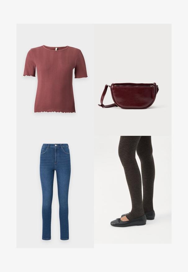 Kortærmet, ribstrikket top i støvet rosa med rund hals og diskret salatkant ved ærmer og kant.; Slanke jeans lavet af mørkeblå denim med høj talje, fem lommer og subtile syninger. Stoffet ser glat ud og er let strækbart.; Ben iført mørke ribbede leggings kombineret med sorte balletsko med små sløjfedetaljer på hvid baggrund.; Vinrød læderhåndtaske med halvmåneform, lynlås og aftagelig rem. Glat tekstur med en subtil glans.