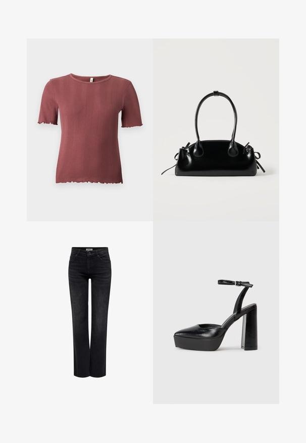 Korte mouw, geribbelde gebreide top in stoffige roos met een ronde hals en subtiele slabrandafwerking aan de mouwen en zoom.; ONLY BLUSH MID STRAIGHT NOOS - Straight leg jeans - washed black; Zwarte plateauhakken met een puntige neus en verstelbare enkelband. Gemaakt van soepel leer, met een robuuste blokhak.; Kleine zwarte glanzende handtas met twee lange hengsels en zijkant trekkoord details op een effen lichte achtergrond.