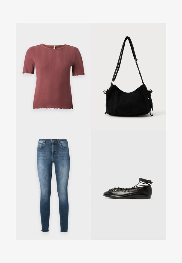 Haut à manches courtes en tricot côtelé couleur rose poussiéreux, à col rond et bordure subtile ondulée aux manches et à l'ourlet.; Jean skinny en denim bleu foncé. Caractéristiques : taille mi-haute, design à cinq poches et décoloration subtile. L'ourlet a une finition brut.; Ballerines en cuir verni noir avec un bout rond, un design à lacets et une semelle plate. Texture lisse avec peu de détails.; Sac à épaule en velours côtelé noir avec une forme courbée, bandoulière réglable et fermetures à cordon des deux côtés pour un ajustement de taille.