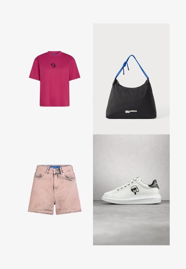 Magenta kortærmet t-shirt med rund hals og lille sort KL-logo trykt på midten foran.; Lyserøde denimshorts med en falmet, slidt tekstur, fem lommer og lukning med knap. Har en blå mærkeetiket på linningen.; Hvide Karl Lagerfeld sneakers med snørebånd foran, sort og beige logo lap, og metallisk sølv hælflap, svævende over et gråt gulv.; Sort nylon taske med afrundet form, blå snøre-håndtag og sølv logo detaljer. Glat tekstur og lynlås lukning.