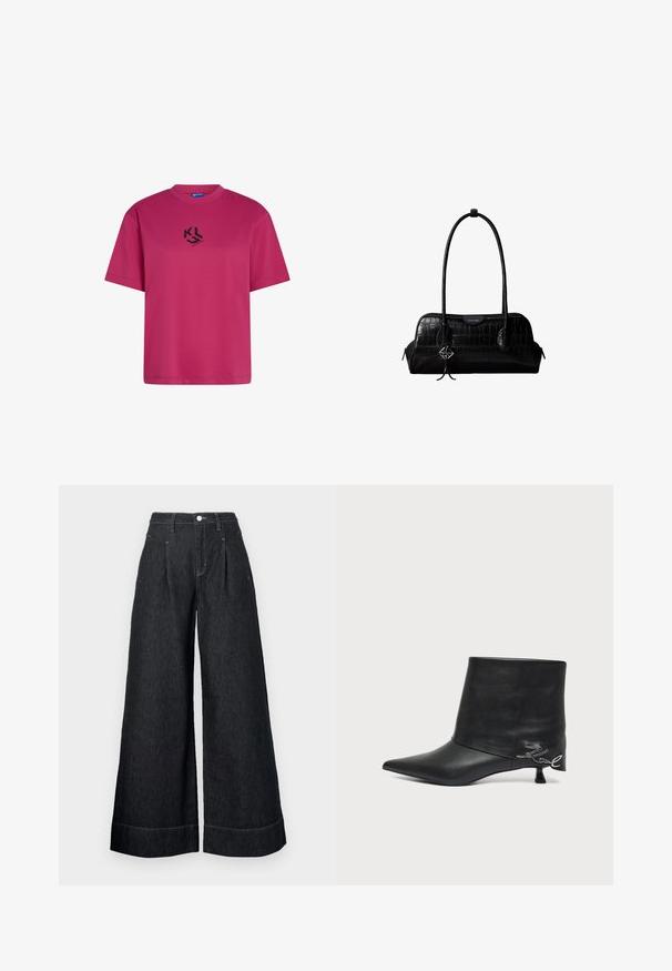Camiseta de manga corta magenta con cuello redondo y pequeño logo negro de KL impreso en el centro del frente.; Pantalones de mezclilla negros de pierna ancha con cintura alta, que presentan pliegues frontales, un cierre de botón y costuras en contraste en los dobladillos.; Botín negro de piel con puntera puntiaguda, tacón bajo tipo «kitten» y detalle de escritura plateada cerca del talón.; Bolso de hombro negro de cuero con textura de cocodrilo, con correas largas y un pequeño colgante de logo plateado en una correa.