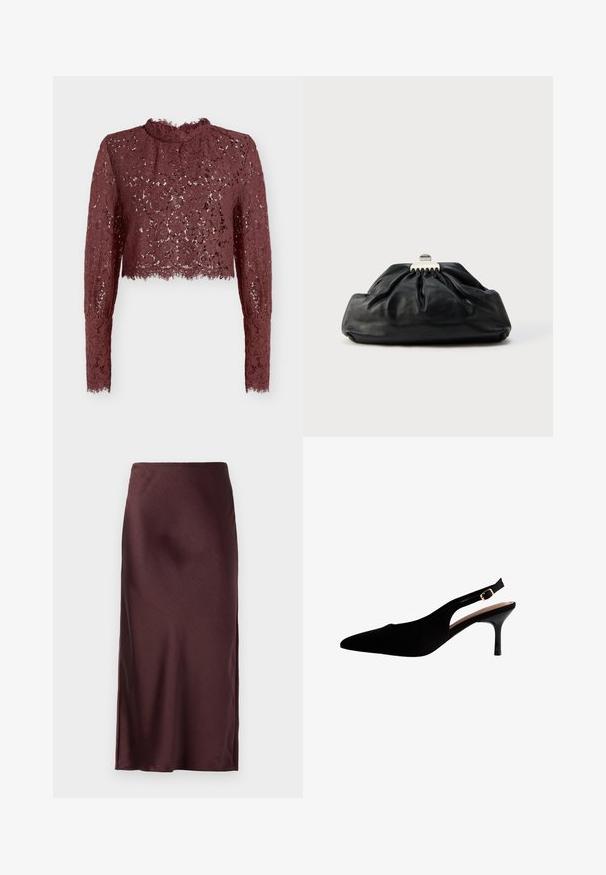 Bordeauxrode kanten cropped top met lange mouwen en een hoge hals. Voorzien van bloemmotieven, een geschulpte zoom en een doorschijnende textuur.; Bordeaux satijnen maxi rok met een gladde textuur, hoge split aan één kant en een elastische tailleband. Eenvoudig, rechte lijn ontwerp.; Zwarte slingback hak schoen, gemaakt van zacht materiaal, met een puntige neusontwerp, slanke stilettohak, en heeft een kleine gespaccent op de band.; Zwarte leren clutch met een geplooide textuur, metalen sluiting en een subtiel geperst logo aan de voorkant. Afgeronde vorm.