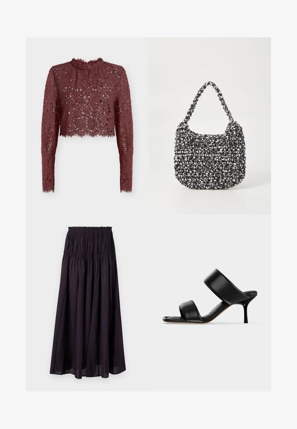 Crop top en dentelle bordeaux avec manches longues et col montant. Présente des motifs floraux, un ourlet festonné et une texture transparente.; Jupe longue noire avec taille élastique froncée et tissu plissé, design fluide, couleur unie, matière légère.; Sandale mule en cuir noir avec deux larges brides et un talon stiletto fin de hauteur moyenne sur un fond clair uni.; Sac en osier noir et blanc de forme arrondie, avec une surface texturée et une poignée tressée. Convient à un usage décontracté.