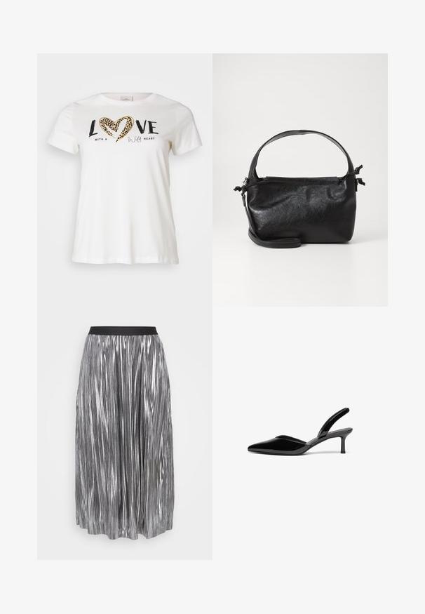 Hvid T-shirt med rund halsudskæring, prydet med "LOVE" i sort og et hjerte i leopardprint, accentueret med "with a wild heart" i kursiv.; Sølvplettet nederdel lavet af metallisk stof med et sort elastisk taljebånd. Har vertikale, blanke folder og en længde til midt på læggen.; Sorte patentlæder slingback hæle med spids tå, lav stiletto hæl og et elegant, enkelt design uden pynt.; Sort læderhåndtaske med et struktureret design, rund tophåndtag og aftagelig skulderrem. Den har en glat tekstur og en subtil glans.