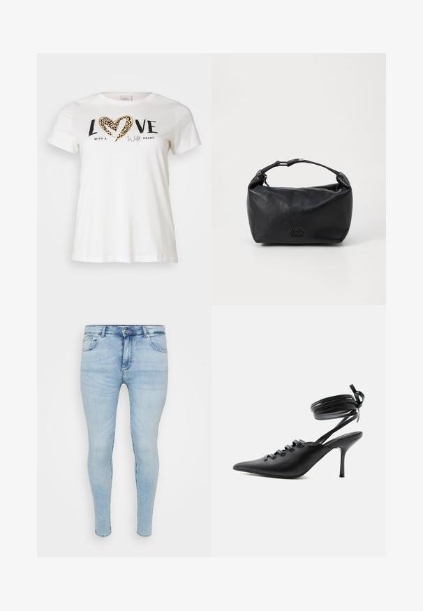 Hvid T-shirt med rund halsudskæring, prydet med "LOVE" i sort og et hjerte i leopardprint, accentueret med "with a wild heart" i kursiv.; Lyseblå skinny jeans med et klassisk fem-lomme design, knap- og lynlåslukning samt slidt tekstur på stoffet.; Sort spids sko med høje hæle, snørelukning foran og omlægning omkring anklerne bundet med sløjfe, vist fra siden på hvid baggrund.; Sort lædertaske med en rund form, der har et kort håndtag og lynlåslukning. Logo præget på fronten. Glat tekstur.