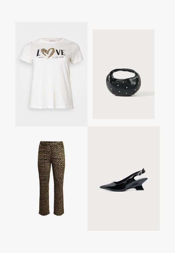 Witte t-shirt met een ronde halslijn, waarop "LOVE" in het zwart staat en een hart met luipaardprint, aangevuld met "with a wild heart" in schrift.; Een broek met luipaardprint, met een slim fit, knoopsluiting en gestikte tailleband met een lichte stretch voor comfort.; Zwarte lakleren slingback schoen met spitse neus en lage schuine blokhak op een effen lichte achtergrond.; Zwarte leren handtas met een afgeronde vorm, versierd met zilveren studs, en een korte handgreep. Gladde textuur en ritsluiting.