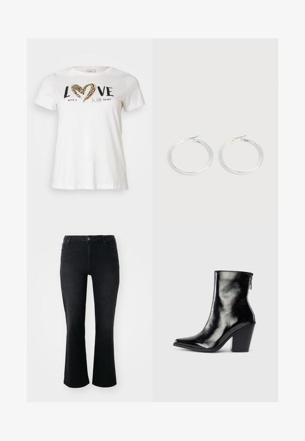 Camiseta blanca con escote redondo, que presenta "LOVE" en negro y un corazón con estampado de leopardo, acentuado con "con un corazón salvaje" en cursiva.; Pantalones vaqueros de mezclilla negra con cintura media, botón delantero, dos bolsillos frontales, dos bolsillos traseros y corte de pernera acampanada.; Botín de piel negra hasta el tobillo con un acabado brillante, puntera puntiaguda y tacón cuadrado. Presenta una cremallera lateral para fácil calzado.; Pareja de pendientes de aro plateados brillantes con cierres de alambre delgado, mostrados sobre un fondo gris claro.