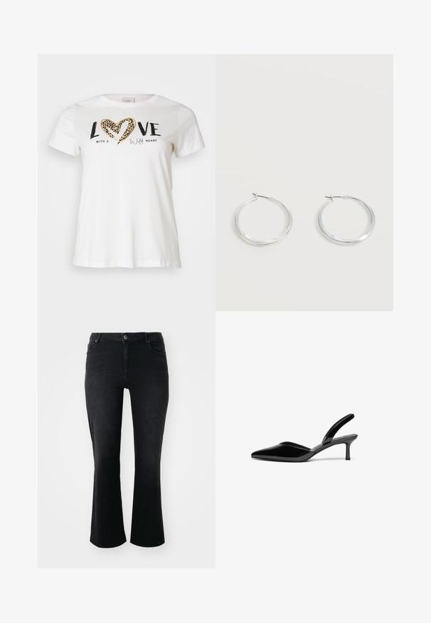 Witte t-shirt met een ronde halslijn, waarop "LOVE" in het zwart staat en een hart met luipaardprint, aangevuld met "with a wild heart" in schrift.; Zwarte denim jeans met een middelhoge taille, een knoop aan de voorkant, twee voorkruiszakken, twee achterzakken en een flared model.; Zwarte gepolijste leren slingback hakken met een puntige neus, een lage stiletto hak en een elegant, eenvoudig ontwerp zonder versieringen.; Zilverkleurige metalen creolen oorbellen met een glad, licht gebogen oppervlak en sluitingen met haaksluiting op een effen witte achtergrond.